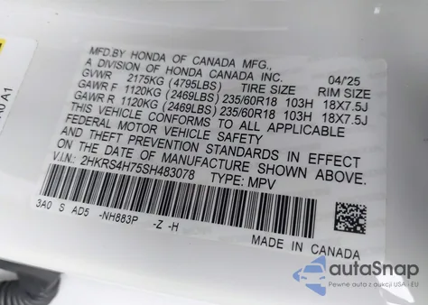 2025 Honda Cr-V Ex-L Awd z USA, uszkodzony, nr VIN 2HKRS4H75SH483078